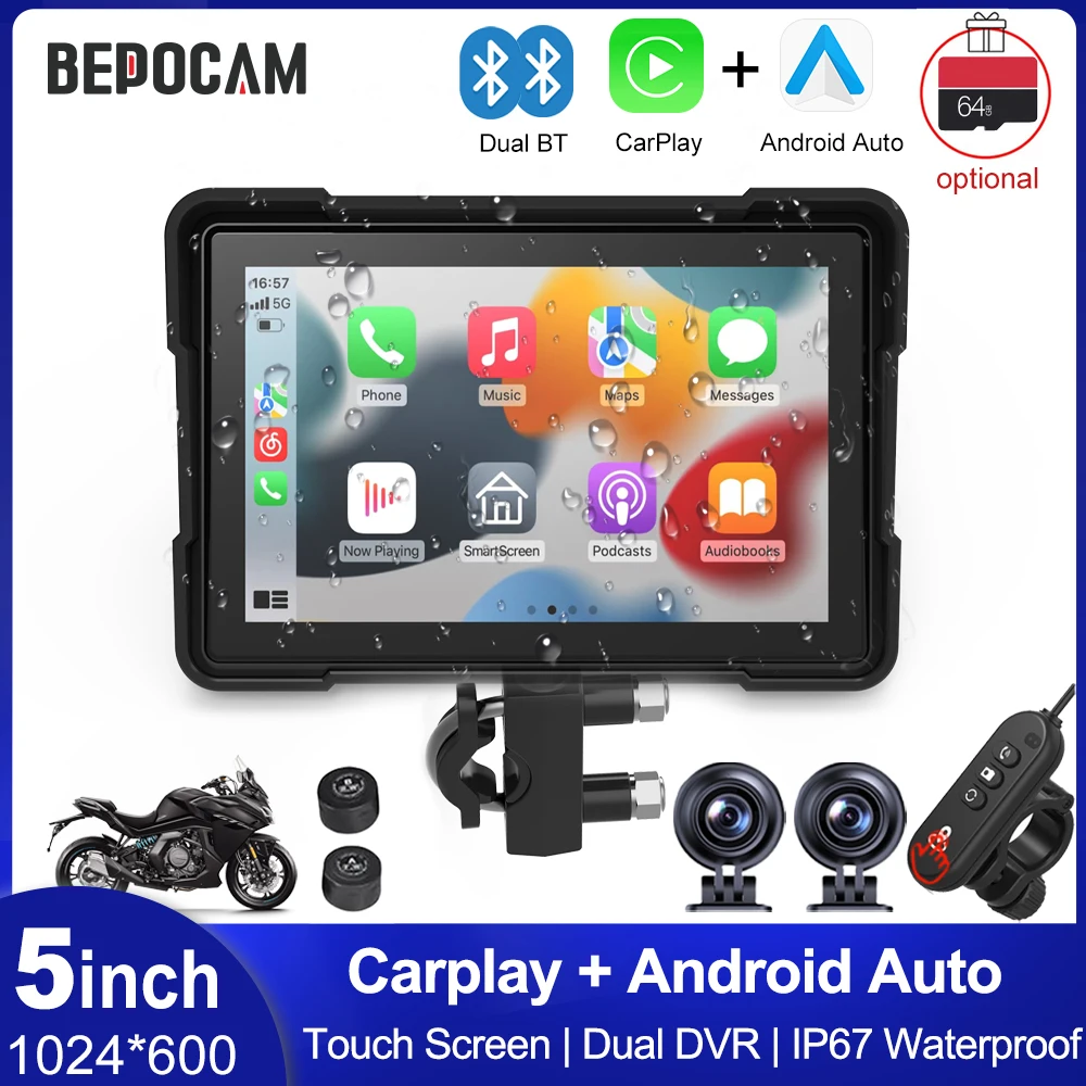 

BEPOCAM 5-дюймовый мотоциклетный GPS-навигатор, беспроводной Carplay Android Auto, двойной видеорегистратор, рекордер, мотомонитор, WIFI, IPX7, водонепроницаемый