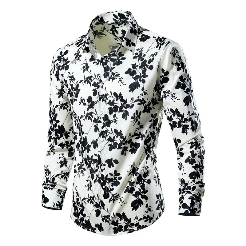 2024 Spring Men Slim Floral Print Long Sleeve Shirt Turn Down Collar Button Blouse Luxury Social Shirts Holiday Party Tops