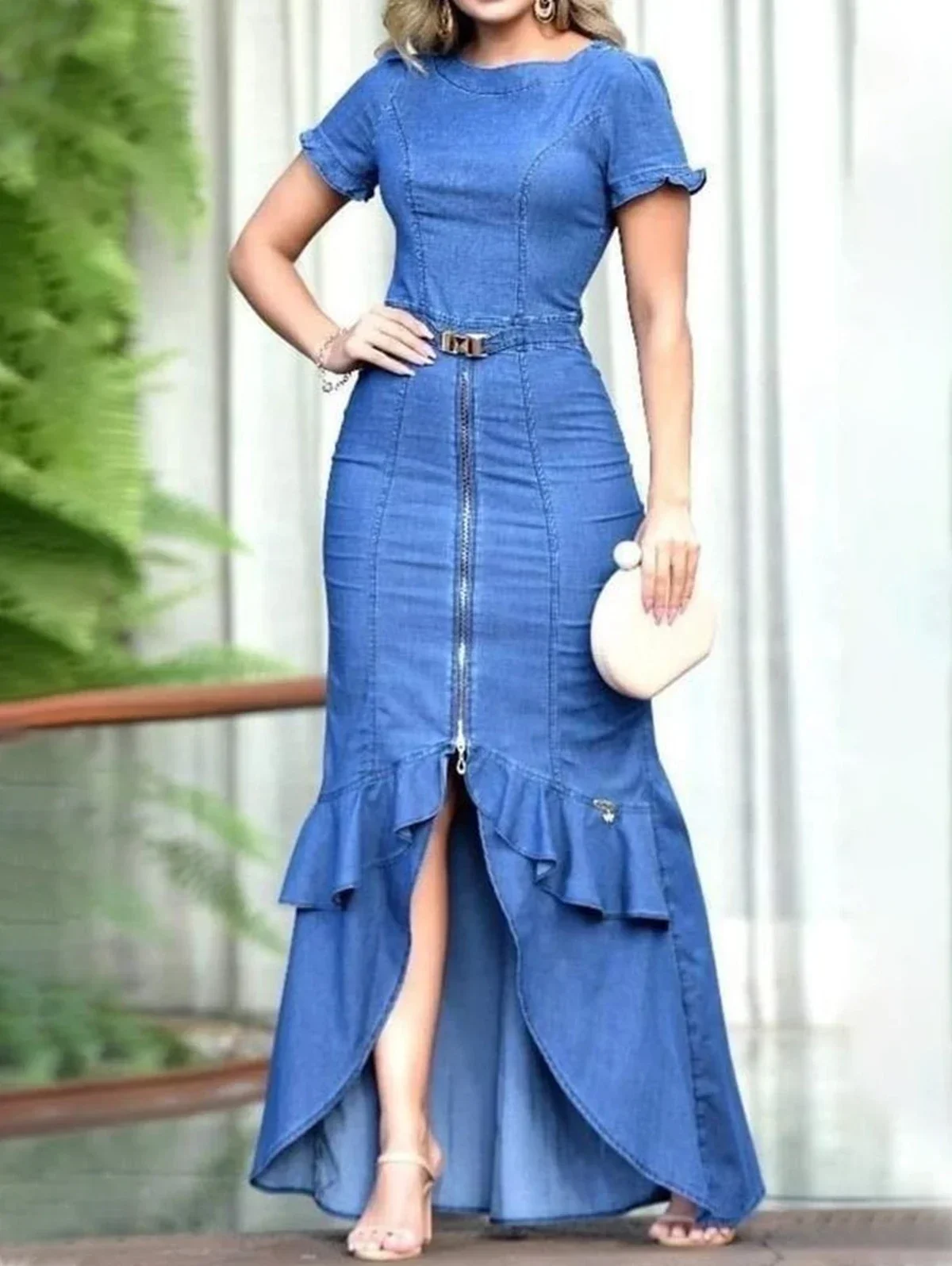 Women's Denim Short Sleeve Mermaid Dress Elegant Ruffle Bodycon Asymmetric Hem Slim Retro Casual Zipper Round Neck Summer Dress