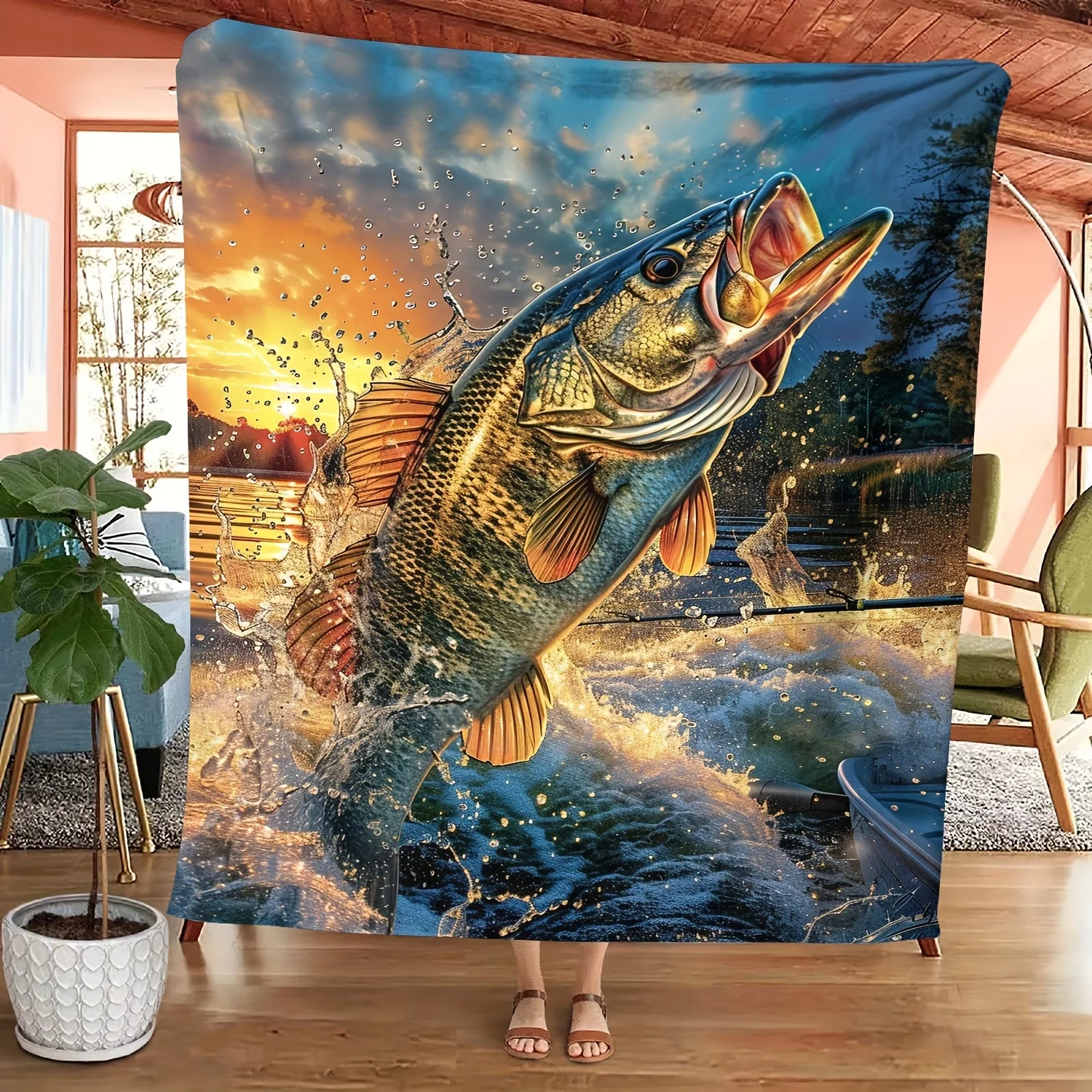 

Lodge Style Fishing Enthusiast Gift - Large Soft Flannel Fleece Throw Blanket with Dynamic Bass Fish Pattern, Cozy Knitted