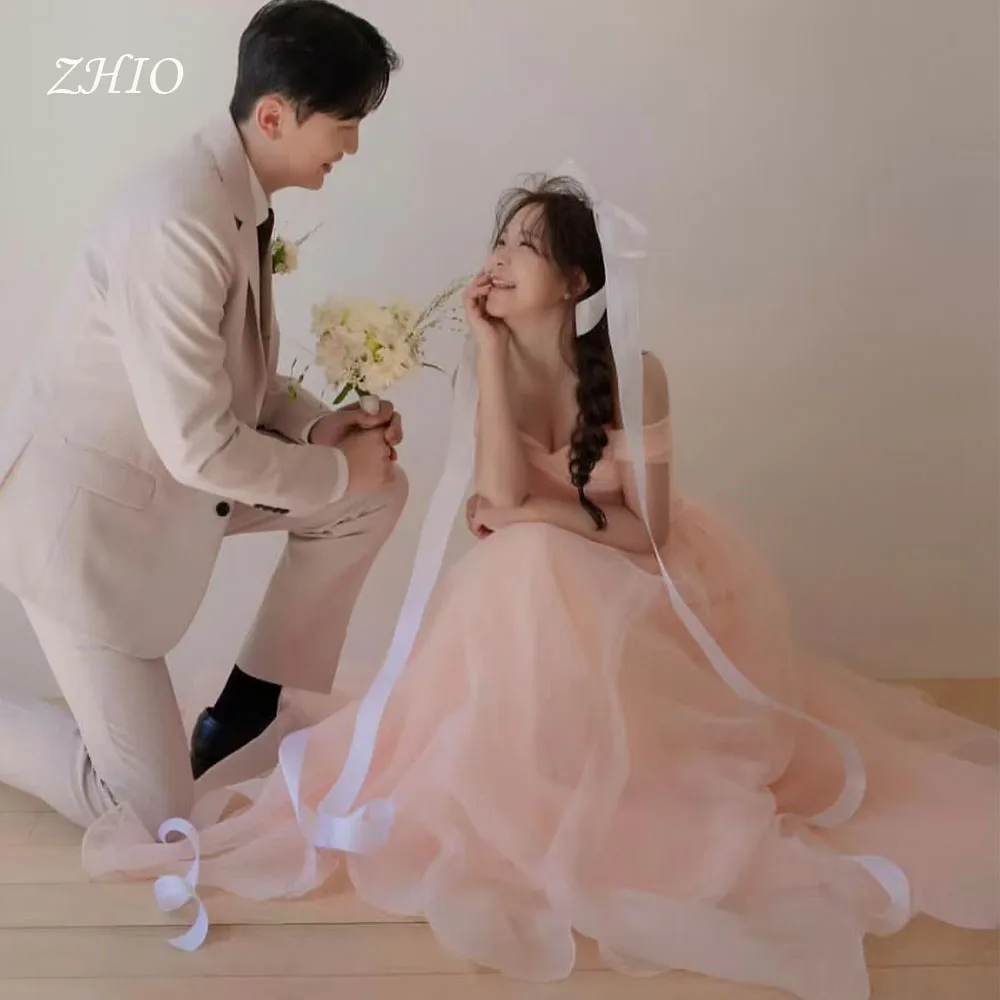 ZHIO Princess Blush Wedding Party Dress Off Shoulder Sweetheart Organza Korea Photo Shoot Bridal Gown Customized 웨딩드레스