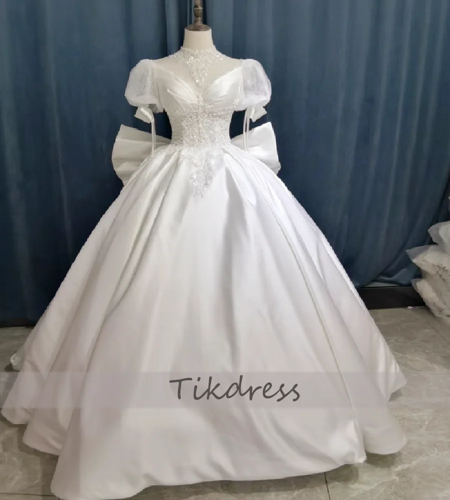 

Elegant Korean Wedding Dress 2026 With Bow Short Sleeve Satin Church Bridal Dress Beaded Customized