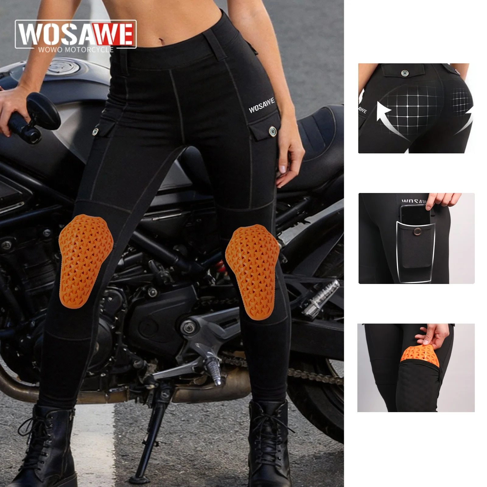 

WOSAWE Women Slim Elastic Motorcycle Pants Off-road Outdoor Riding Pants Casual Running Sports Pants With Knee Pads