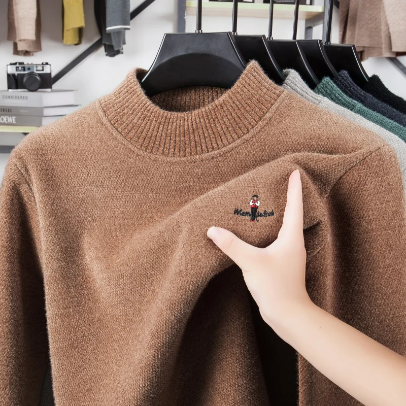 

Hot Selling Premium Quality Men's Knitted Sweaters High Neck Plush Thick Cartoon Embroid Pullover Winter Cold Resistant Menswear
