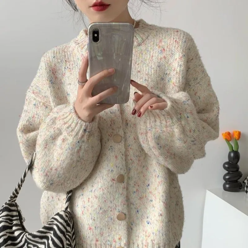 

2023 Spring Autumn New Color Dot Knitted Sweater Cardigan Women Thick Loose Lazy Wind Round Neck Coat