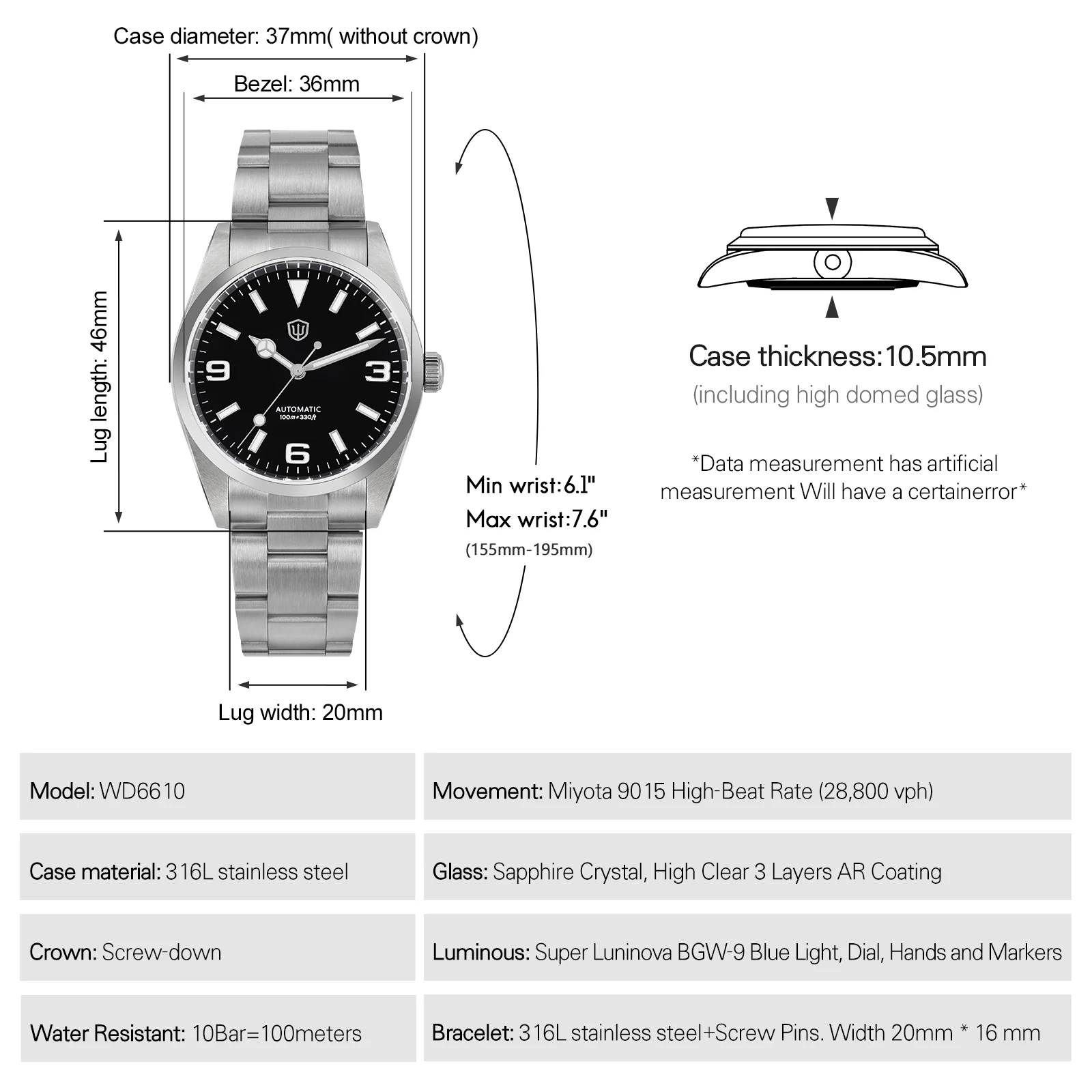 Watchdive WD6610 ساعة ميكانيكية فاخرة ميوتا 9015 حركة الياقوت مضيئة 100 متر مقاوم للماء 37 مللي متر ساعة التاريخ التلقائي