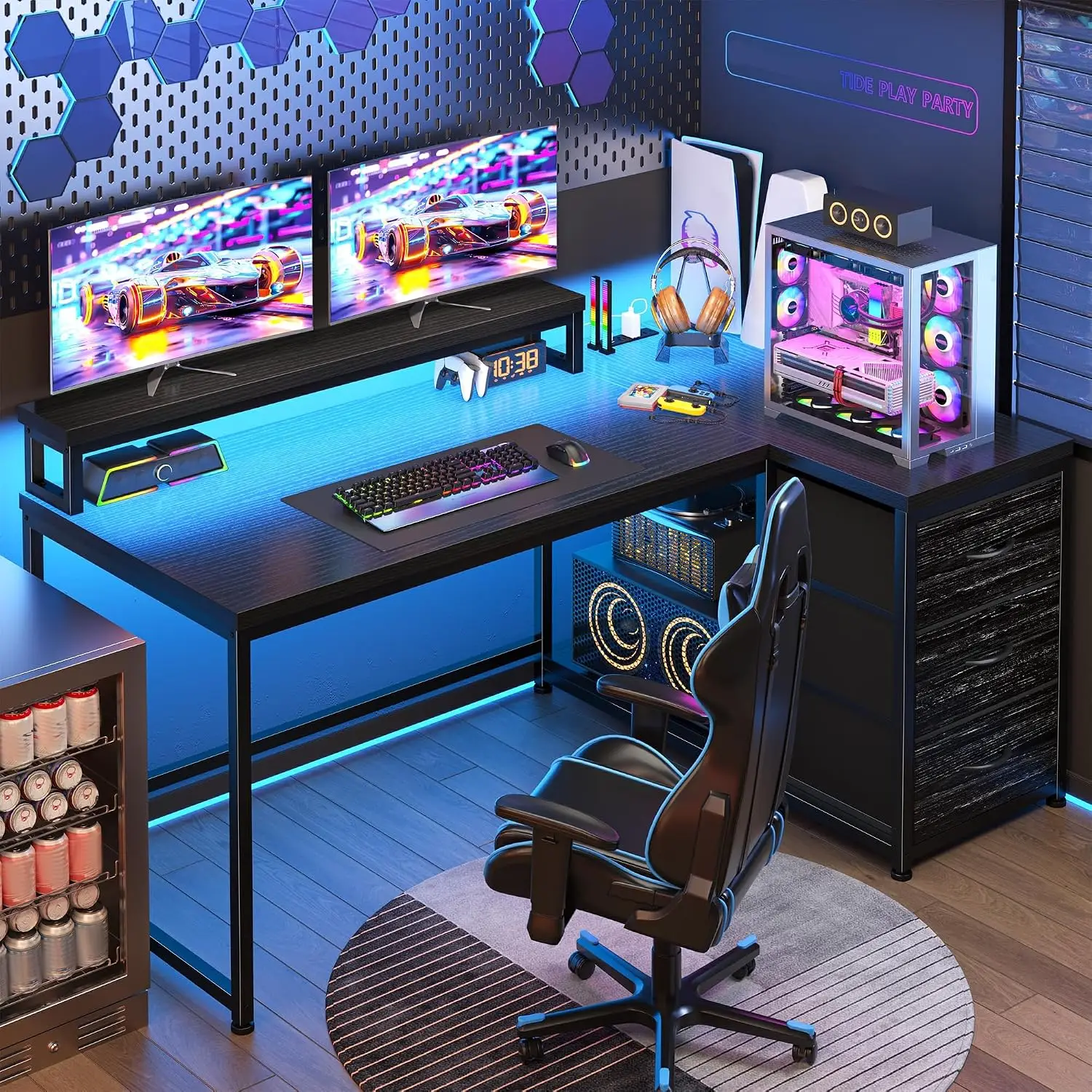 Gaming Desk with 3 Drawers & 40-Mode RGB LED for Teen PC Setup, Storage for Stationery & Gear, 48 Inch Black, Customized