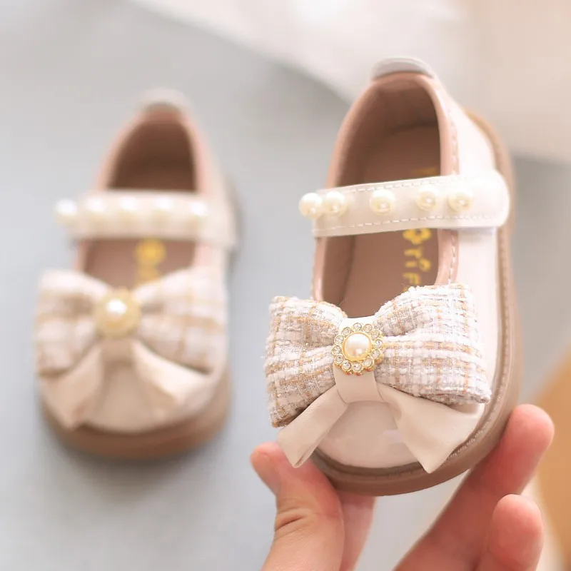 

New Children Girls Baby Pu Fashion Leather Shoes Kids Bows Pearls Shoes Baby Toddler Party Performance Wedding Princess Shoes