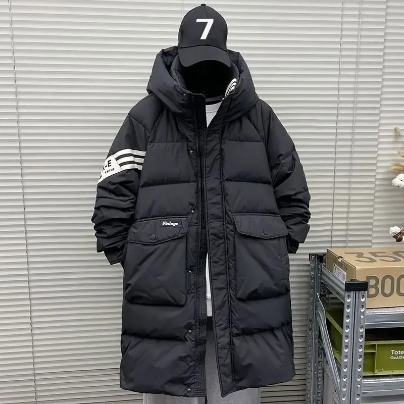 

Youth Down Jacket Men's 2024 Winter New Mid To Long Thick Striped Trendy White Duck Down Casual Parkas Male Clothing