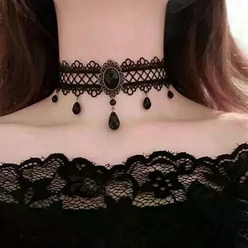 Gothic Black Lace Necklace For Women Girl Boho Crystal Pearl Sexy Lace Choker Punk Dark Lolita Style Halloween Jewelry