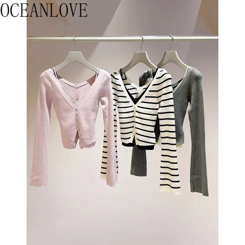 OCEANLOVE Japanese Style Women Sweaters Fake 2 Pieces V Neck Elegant Short Pullovers Autumn Winter Retro Slim Pull Femme