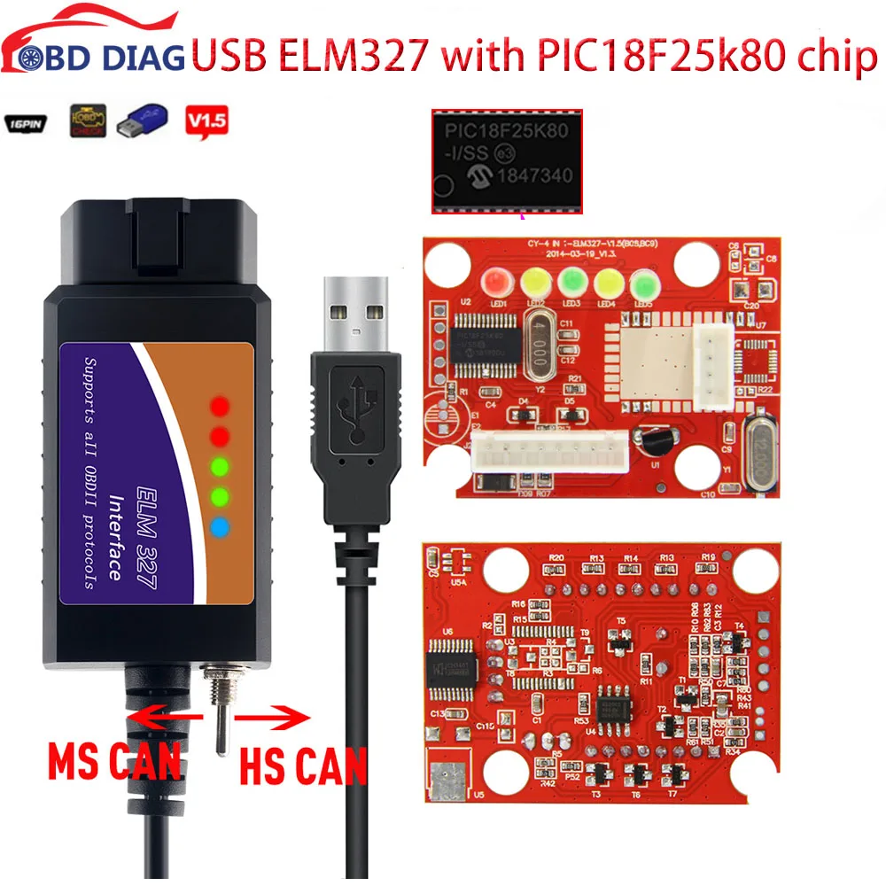 

FORScan ELM327 V1.5 PIC18F25K80 Chip USB elm327 with Switch HS-CAN / MS-CAN elm327 For Ford OBD2 OBDII Diagnostic Scanner