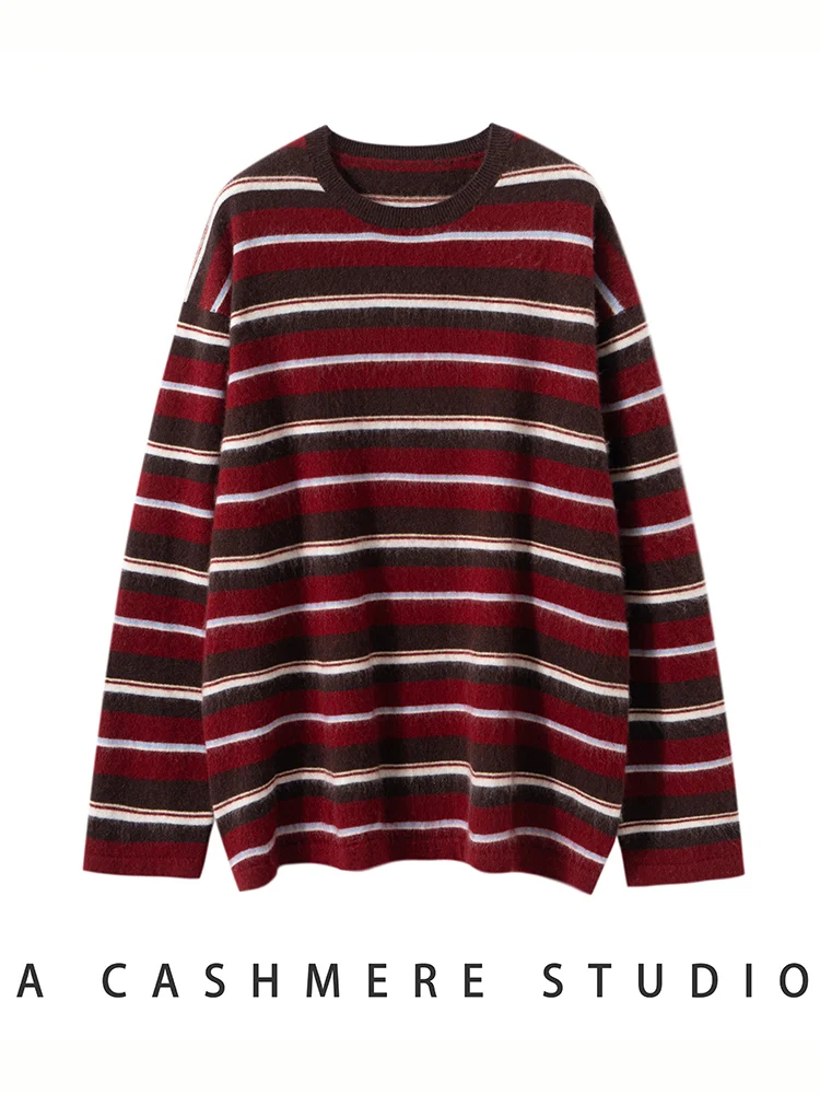 ADDONEE, suéter de cachemira de 100% para mujer, jersey a rayas con cuello redondo, Jersey informal holgado de estilo Ins, Jersey de punto de Cachemira, ropa de otoño e invierno