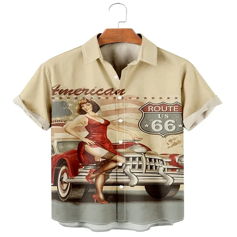 Route 66 and The Car Print Hawaiian Shirt 3D Printed Hawaiian Shirt for Men and Women Casual Shirt Unisex