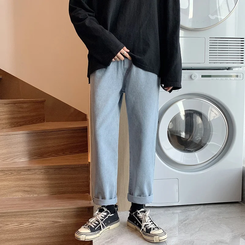 Loose Straight Leg Men's Jeans Casual Lightweight Denim mid Waist Youth Fashion Autumn Season Casual Scene Teenagers Nine Points
