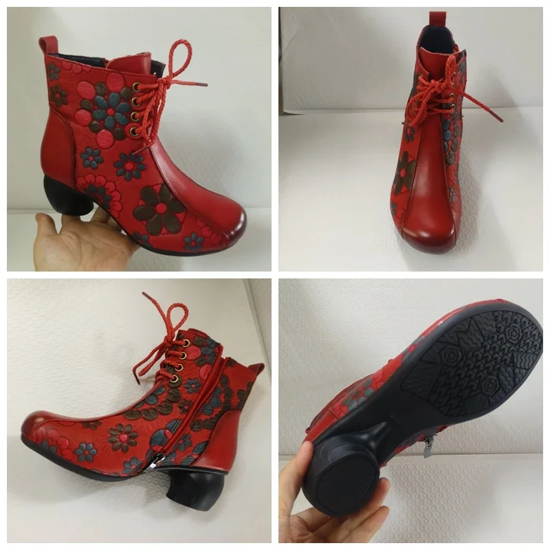 Koznoy buty kobieta zima 2022 4cm Retro etniczny nadruk krowa skórzana pluszowa moda Chunky Heel Autunm Zipper wiązane buty