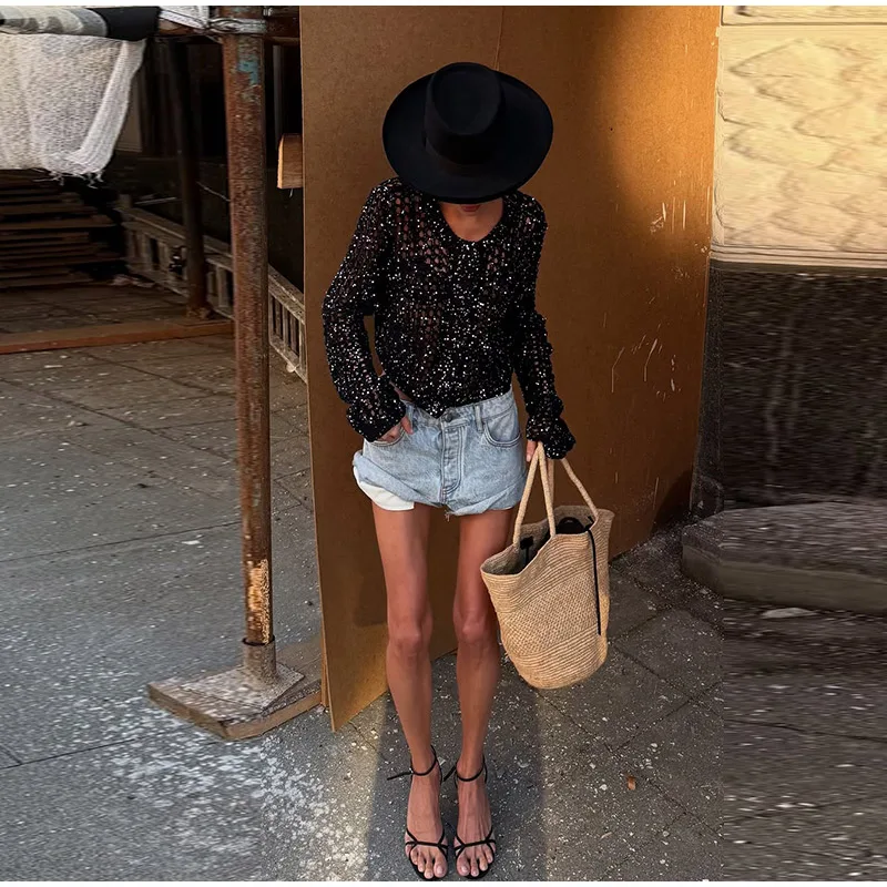 Fashion Sequin Knitted Cardigan For Women Fashion  Long Sleeve Cropped Hollow Aweater Lady Spring New Chic Streetwear