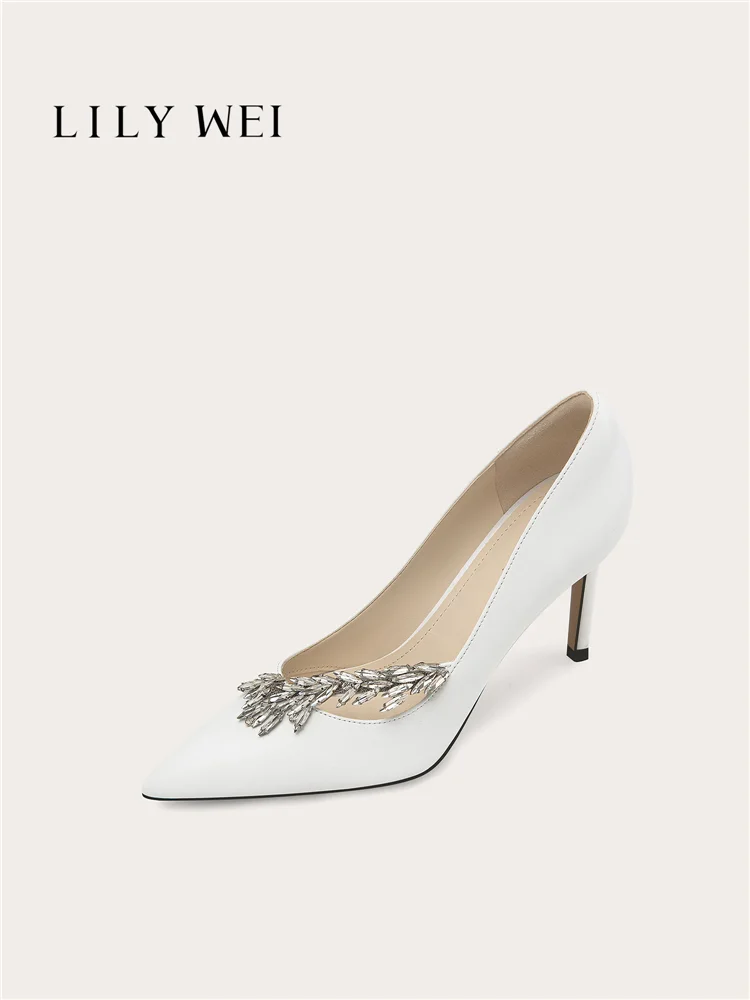 Spring new pointed leather crystal wedding shoes banquet dress large size small size widened version slim high-heeled women shoe