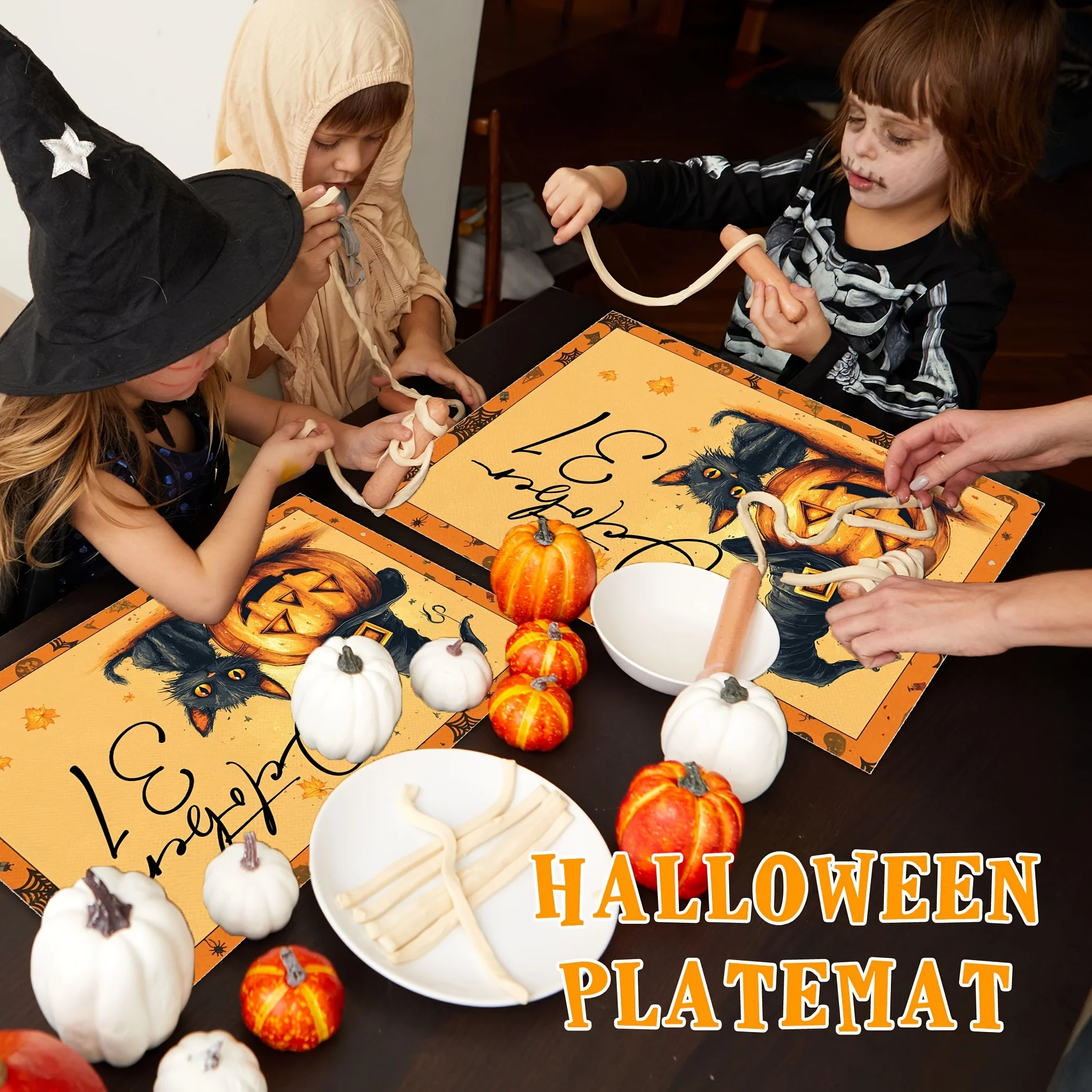 1 pc Linen Halloween Pumpkin Placemats Pumpkin And Black Cat Table Mat for Kitchen Dining Table, Spooky Decoration for Home - view 4