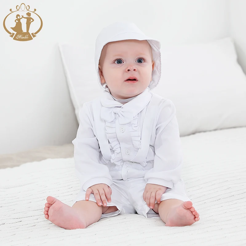 White Baby Boy Clothes Set Baptism Outfits Summer Solid Full Sleeve Bow Lace Christening Gown Newborn Gentleman Birthday Hat