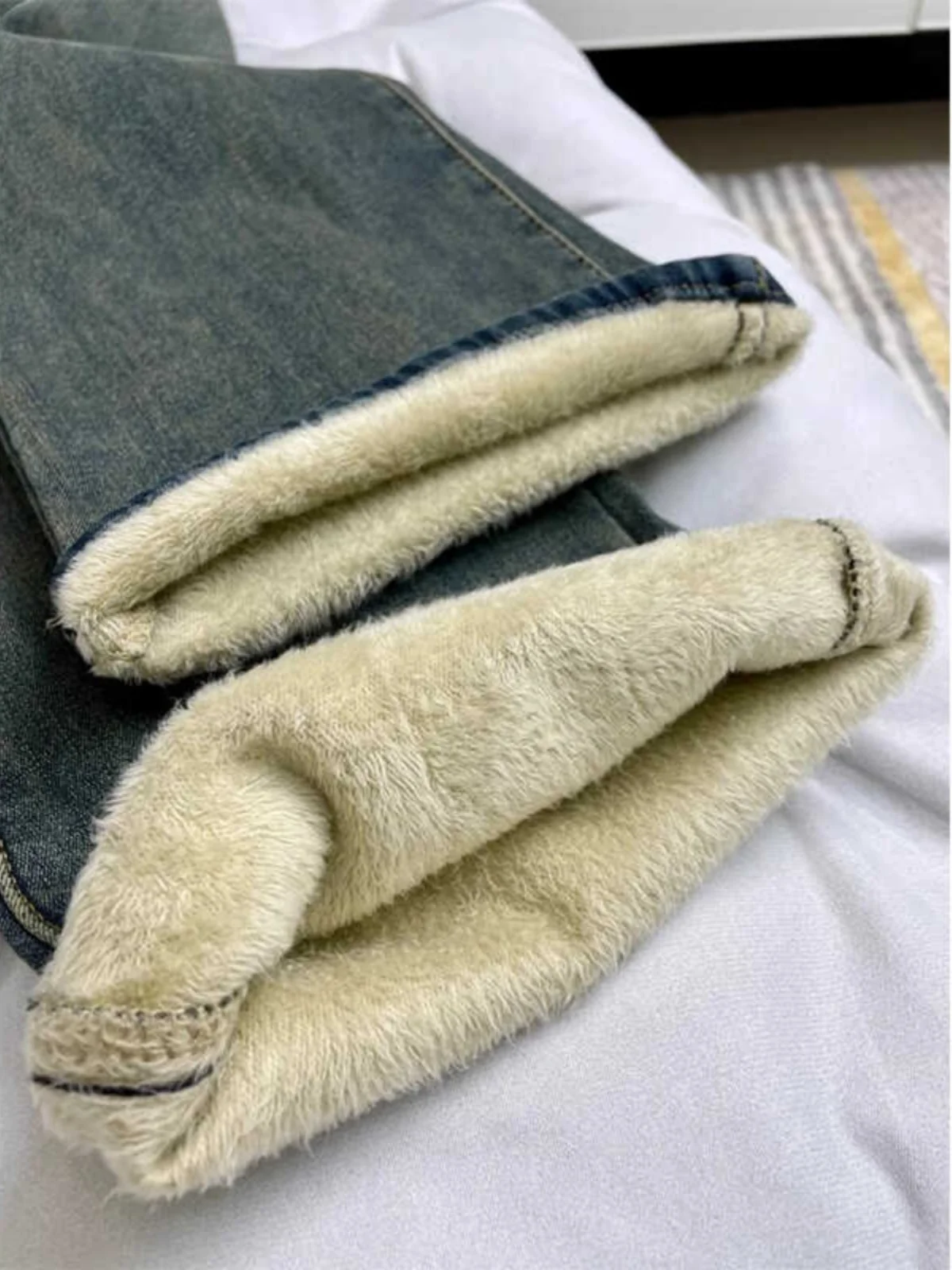 

Women's Fce Lined Thi Straight Leg Jeans High Waist Cover Hip Elastic Micro Flared Hoof Pants Autumn Winter plus Size