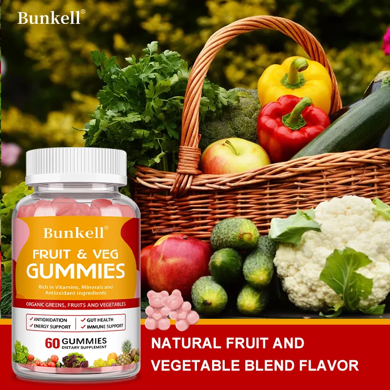 Bunkell Natural Vegetable & Fruit Gummies Anti-Constipation Detox Daily Fruit Help Digestion Multiple Vitamins Supplement