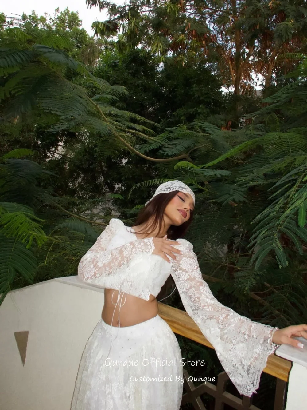 Qunque Lace Bell Long Sleeves Wedding Dresses Two Piece A Line Evening Dresses Illusion Sexy Vestido De Novia Boda Customized