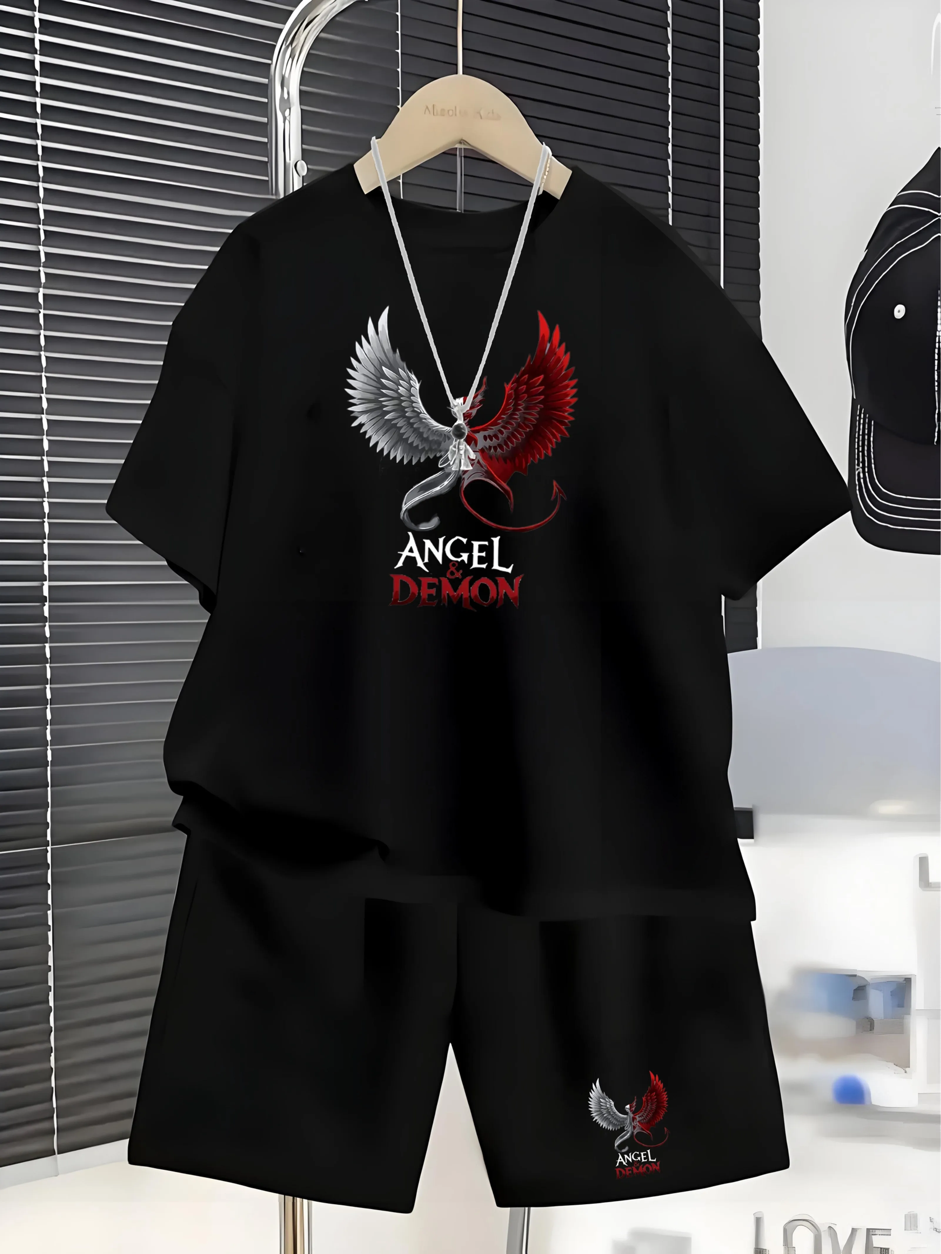 Cuhk Boys Casual Set Print ANGEL&DEMON Wings T-shirt Shorts Two Piece Youth Sports Two Piece Set