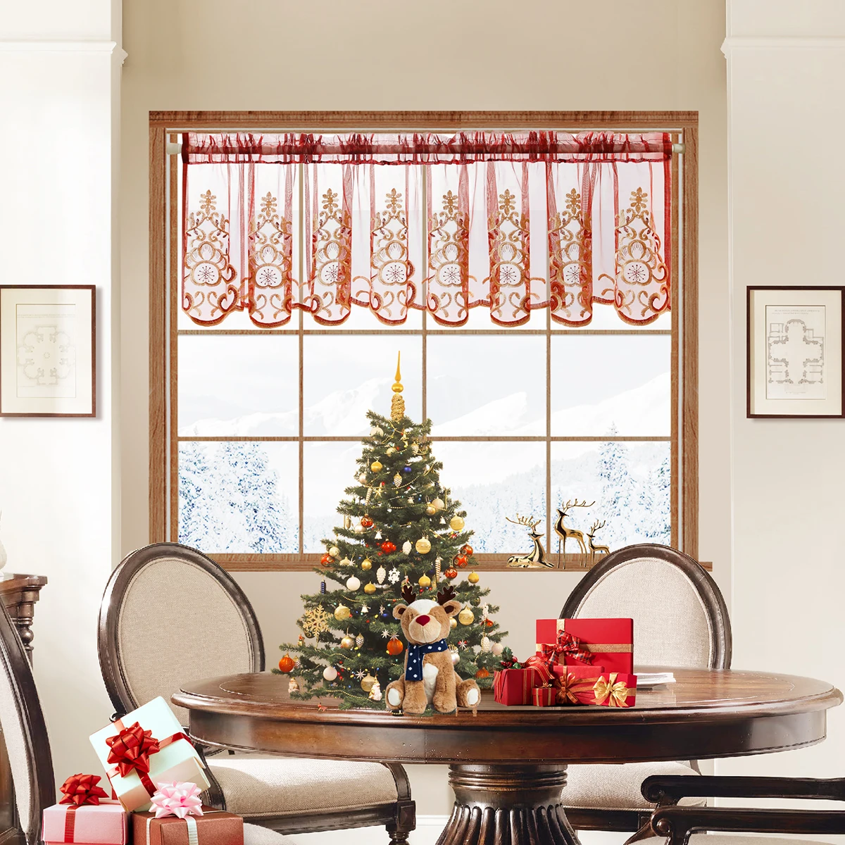 1 PC Embroidery Sheer Valance，Christmas Festival Window and Cabient Short Curtain Decor，Rod Pocket  Half Sheer Kitchen Curtain