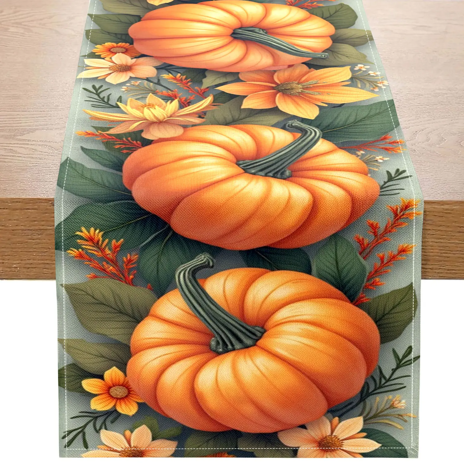 1 Piece of Autumn-Themed Table Runner with Pumpkin and Floral Motifs, Featuring Pumpkins, Autumn Flowers, and Green Leaves as Main Patterns, Suitable for Thanksgiving, Autumn Parties, and Home Decoration