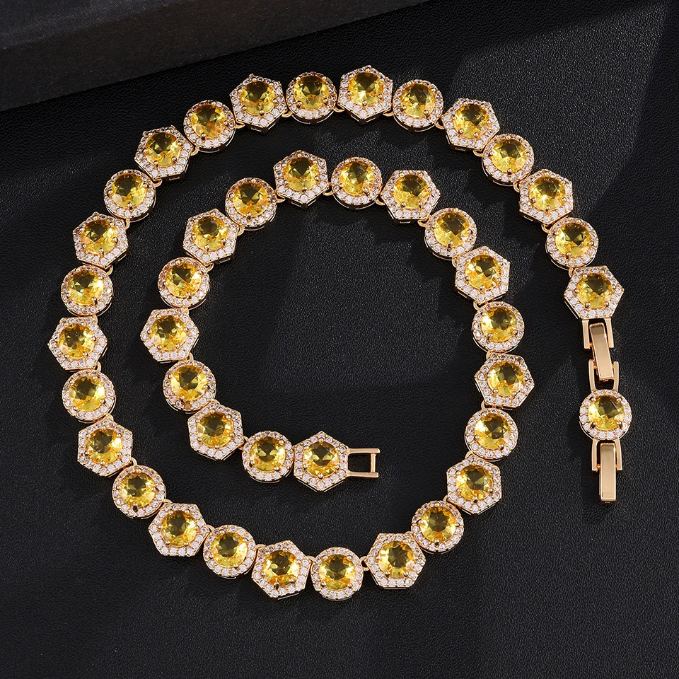 Luxuriöse Halo-Rund-CZ-Tennis-Ketten-Halskette für Damen, mehrfarbige Kristall-Hexagon-Rahmen-Gliederkette, Bankett-Modeschmuck – Detail 3