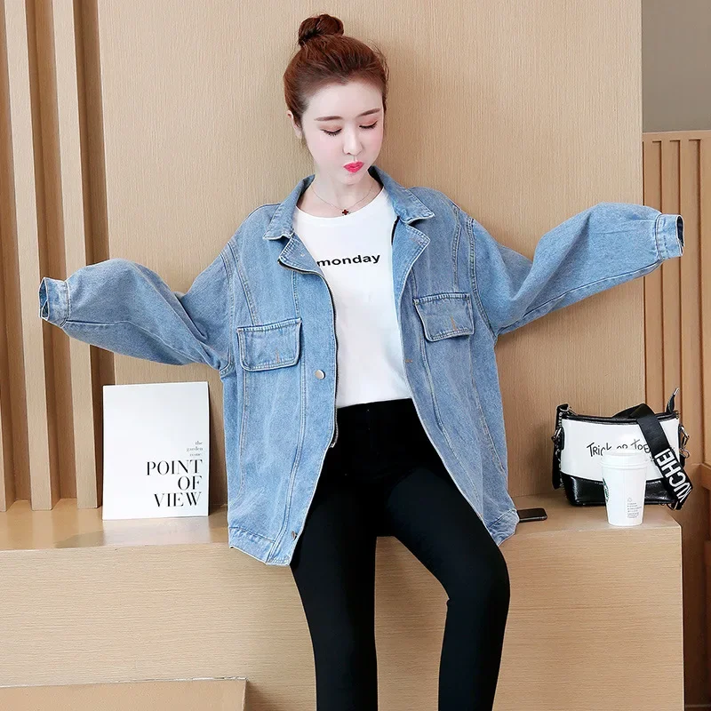 

Autumn Winter Turn-down Collar Retro Jean Jacket for Women Loose Casual Women Denim Coat Female Outwear Denim Jacket