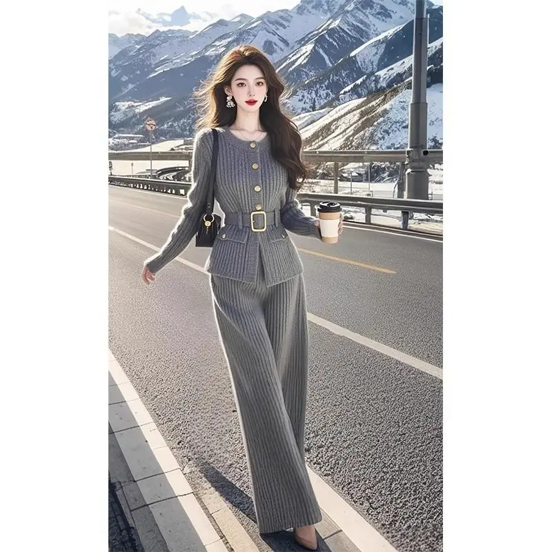 

Knitted Fashion Pants Temperament Autumn and Winter New Collection Waist Cinching Thick Sweater Wide Leg Pants Two-piece Set