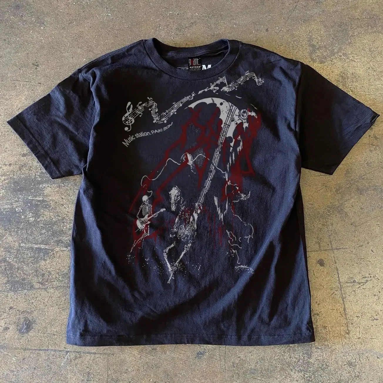 Dark Subculture Rock Skeleton Scythe Music Print T‑Shirt, Unisex Loose Crew Neck Short Sleeve Top, Stylish Casual Y2K Streetwear