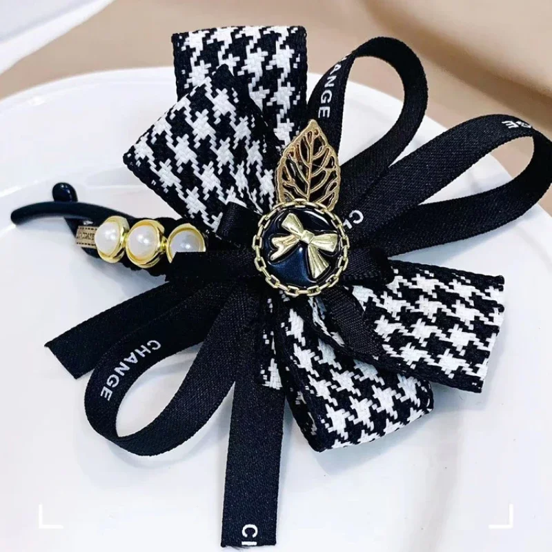 Korean Elegant Banana Hair Clips with Houndstooth Bows for Women Chic Trendy Floral Accessories