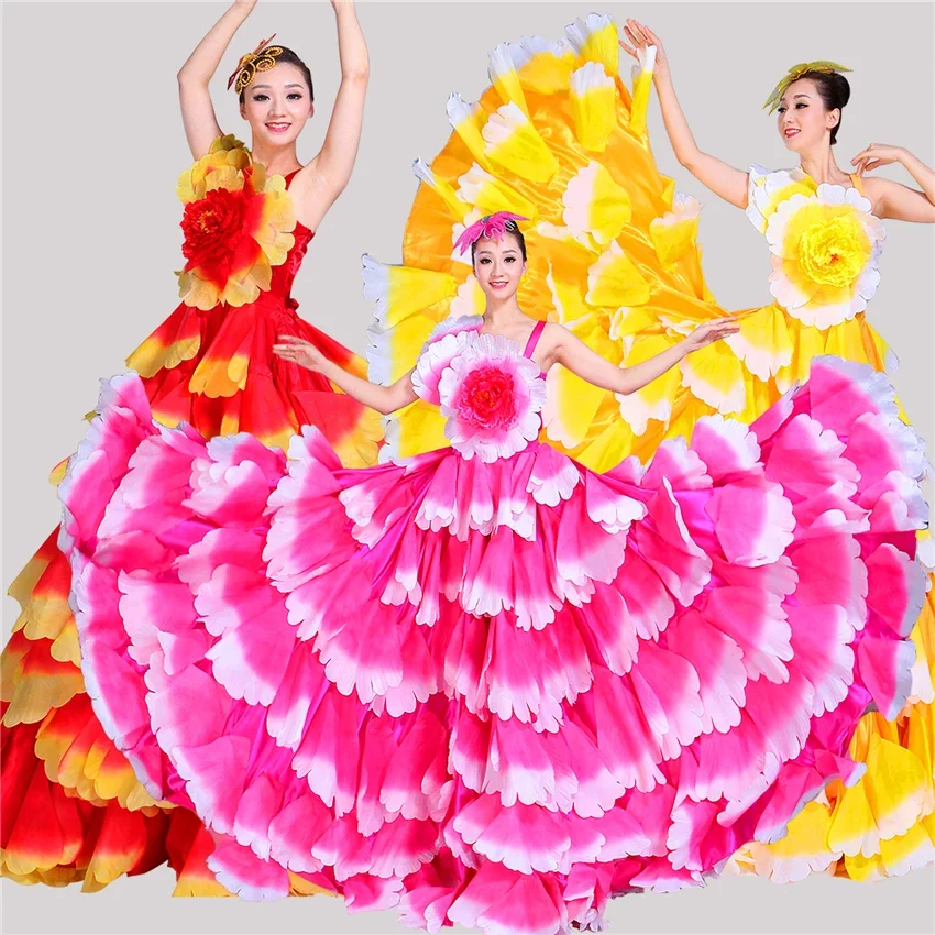 Vestido de dança flamenca para mulheres, fantasias de barriga, saia cigana, pétala grande, coro espanhol, desgaste do desempenho do palco, S-3XL, 360-720Degrees