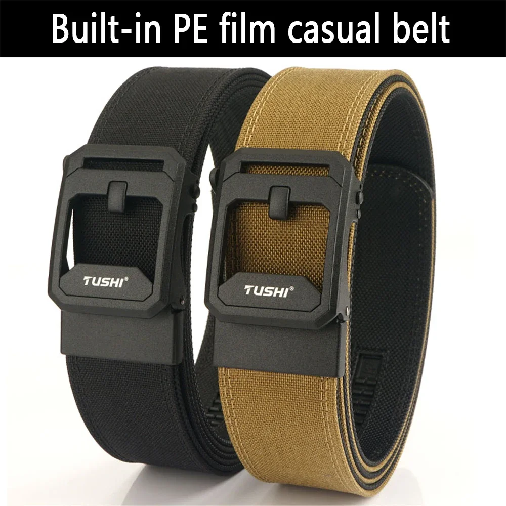 TUSHI Brand 4.3CM Wide Double-layer Reinforced Automatic Buckle Shooting Training Quick Hanging Pistol Mens Belt Nylon Outdoor