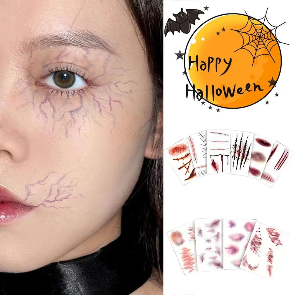 4/6PCS Halloween Tattoo Sticker Horror Bloody Wound Event Party Temporary Zombie Art NEW Scar Body DIY Tattoos Makeup Water Y5O9