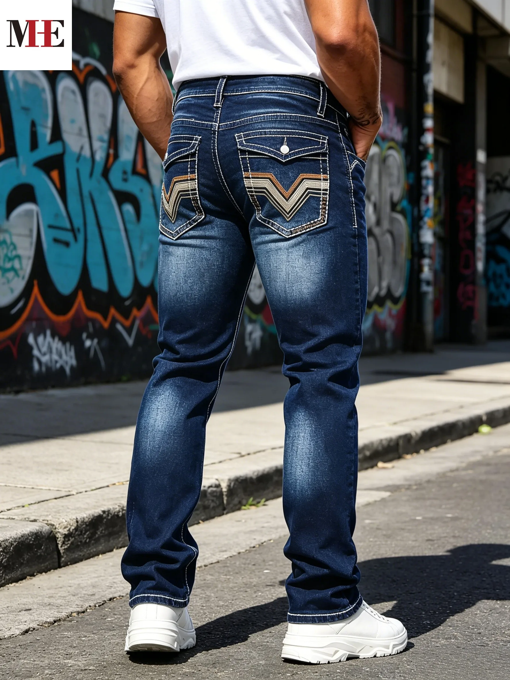 【HME】Men's Jeans | Dark Blue Whisker Wash Slim Bootcut Denim Pants with Contrast White Stitching and V Layered Embroidered Back Pockets, Stretch Soft Fade-Resistant Western Denim Fabric, Retro Cowboy Men's Casual Fashion Denim Pants.