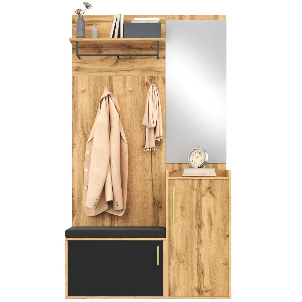 PINGGO Kompakter Kleiderschrank mit Spiegel und Sitzfläche, Kleiderschrank mit Schuhregal und Haken, kompakter Kleiderschrank, der an der Wand bohren muss – Detail 10