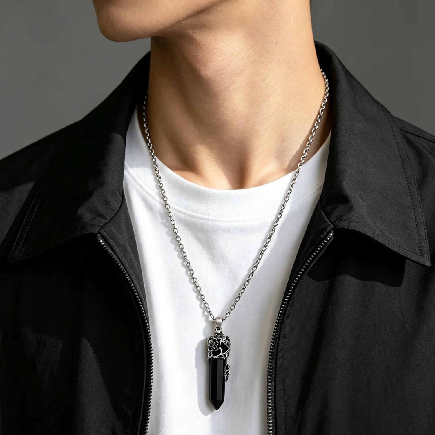 Vintage Silver Gemstone Necklaces Jewelry Rose Flower Wrapped Black Crystal Hexagonal Prism Pendant Necklace For Women Men Gifts