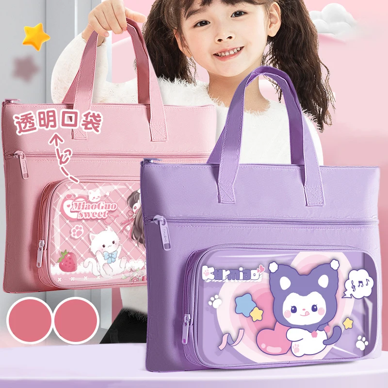 Anime Sanrios Kuromi Kid Handbag Primary School Student Tutoring Bag A4 Document Bag Cartoon Cute Five-Layer Canvas Shoulder Bag