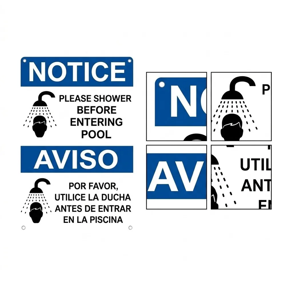 Metal Pool Shower Notice Sign Bilingual English Spanish 12x8 Inch Blue Tin Sign for Poolside Spa Outdoor Installation