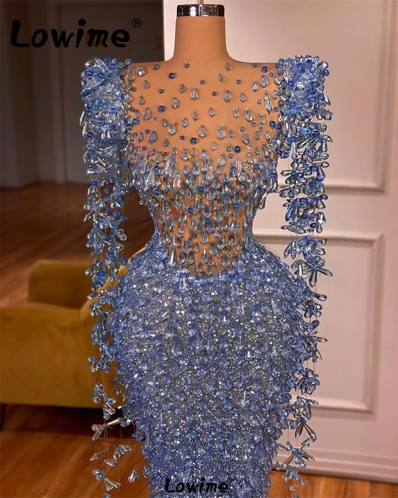 Blue Prom Dress Luxury Long Sleeve Arabic Evening Dresses Mermaid Full Crystals Party Gowns For Wedding Customize Robe De Soirée