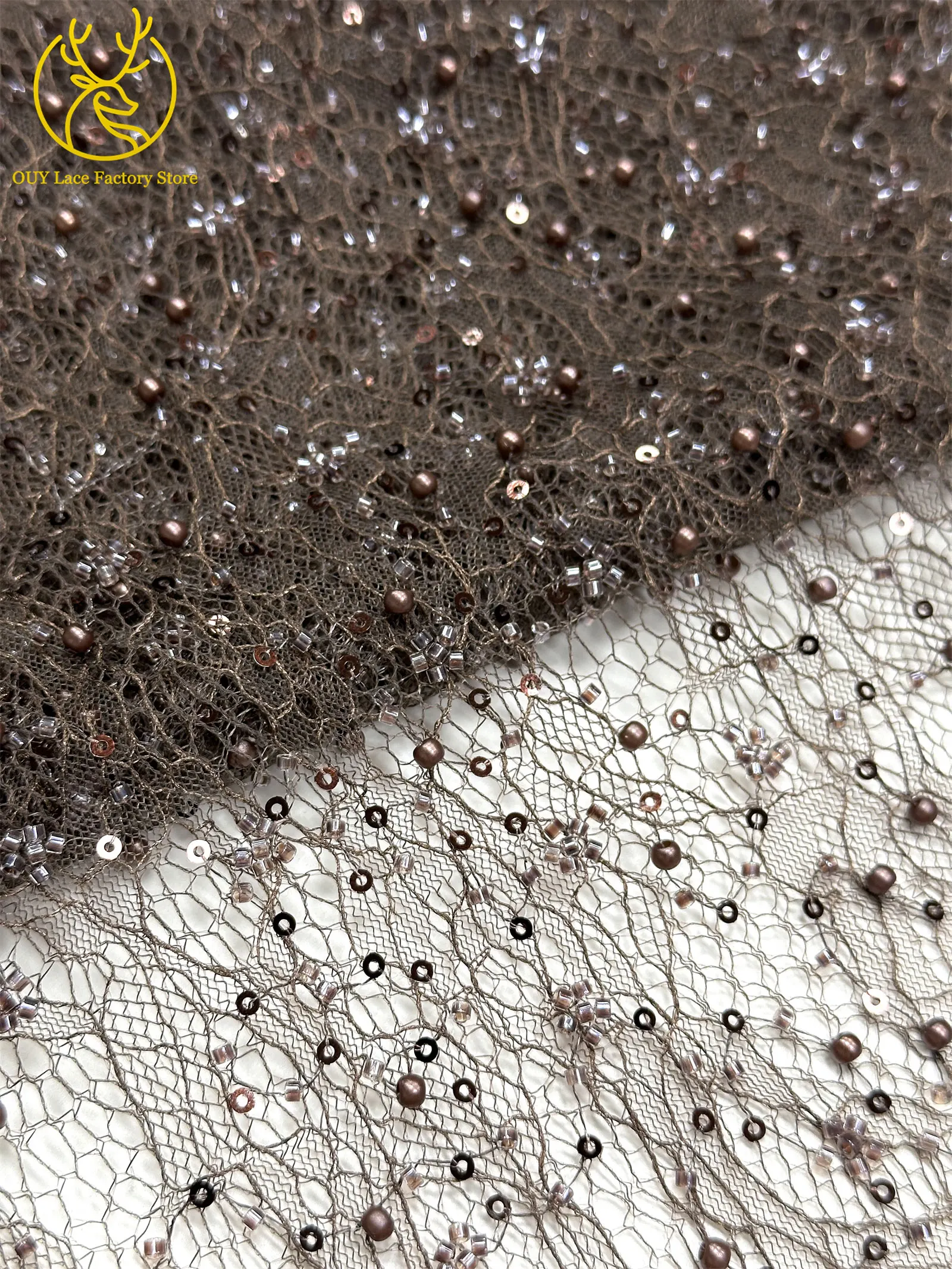 Kaffeebraune französische Tüllspitze mit Pailletten, 5 Yards, hochwertige afrikanische Spitze, nigerianischer Perlenstickerei-Spitzenstoff zum Nähen von Damen-Abendkleidern – Detail 30