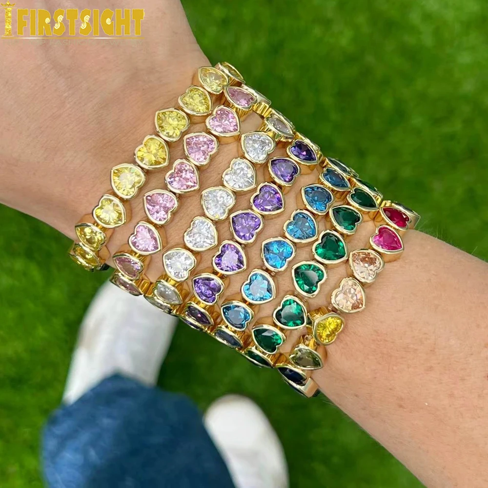 New Iced Out Triangular Stretch Heart Bracelet Gold Color Cubic Zirconia Rainbow Stretchy Charm Bangle For Women Fashion Jewelry