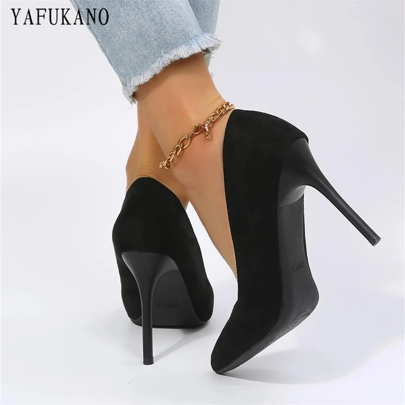 Fashion Point Toe Solid Flock Stiletto High Heels 10Cm/7Cm Sexy Women Pumps Elegant Ladies Office Work Shoes Small Size 33