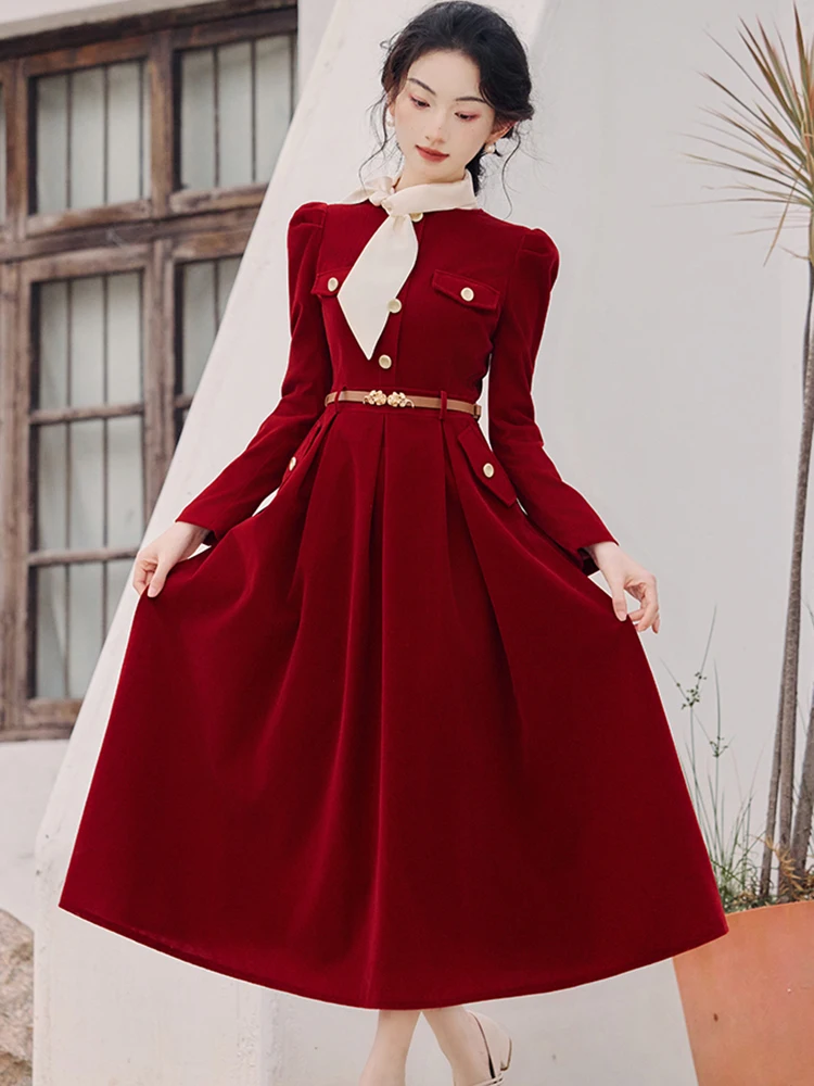 

Осень-зима, красное бархатное шикарное длинное платье с воротником-стойкой и бантом, женское элегантное облегающее бандажное платье, 2025 г., корейские винтажные роскошные платья