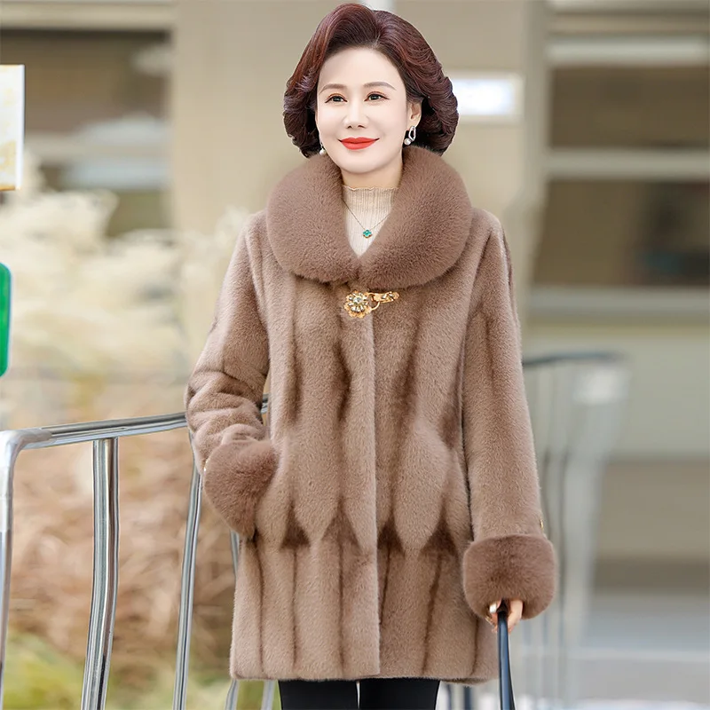 เสื้อโค้ทขนเฟอร์เทียมคุณภาพสูงสำหรับผู้หญิง ฤดูหนาว หนา อุ่น แจ็คเก็ตขนเฟอร์ สำหรับคุณแม่วัยกลางคน เสื้อคลุมยาวปานกลาง เสื้อคลุมตัวนอก