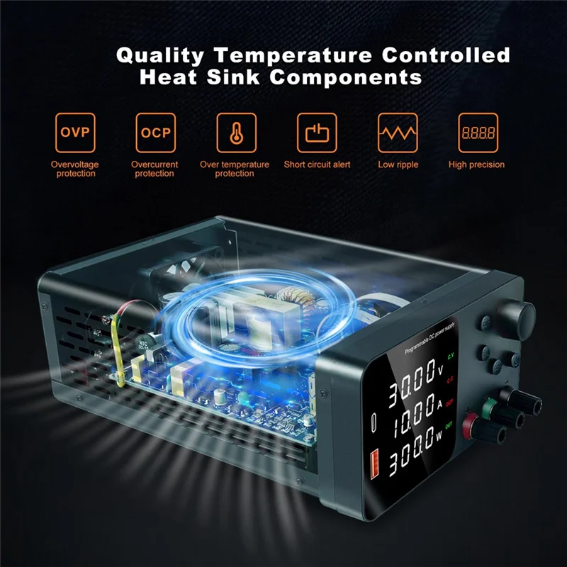 Fonte de alimentação variável de bancada A74G-30V 10A com botão de habilidade/desativação de saída USB e tipo C de carga rápida (plugue americano)